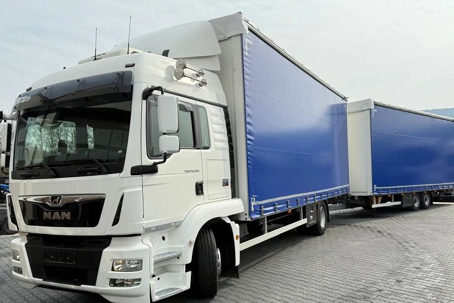 Curtainsider trucks photo for sale. MAN TGM 15.290/TANDEM/ 7.7M+7.7M/120m3/ZESTAW//FIRANKA/2021ROK/WINDA/EURO6/NISKI PRZEBIEG/38PALET/JAK NOWY/E6/Z NIEMIEC/AUTOMAT/3METRY/